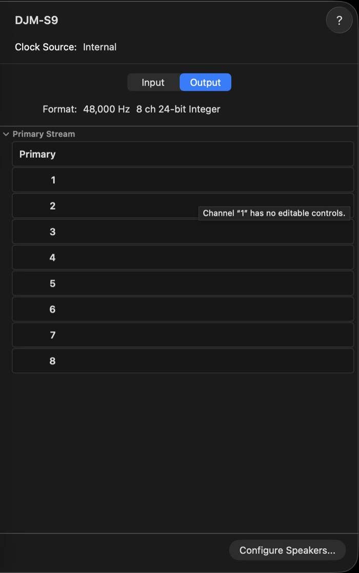 Audio MIDI Setup, DJM-S9 selected, Output tab showing 8 channels and the Configure Speakers button