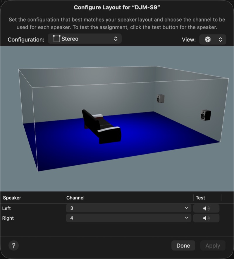 Configure Layout for DJM-S9: Stereo, Left speaker on channel 3, Right speaker on channel 4