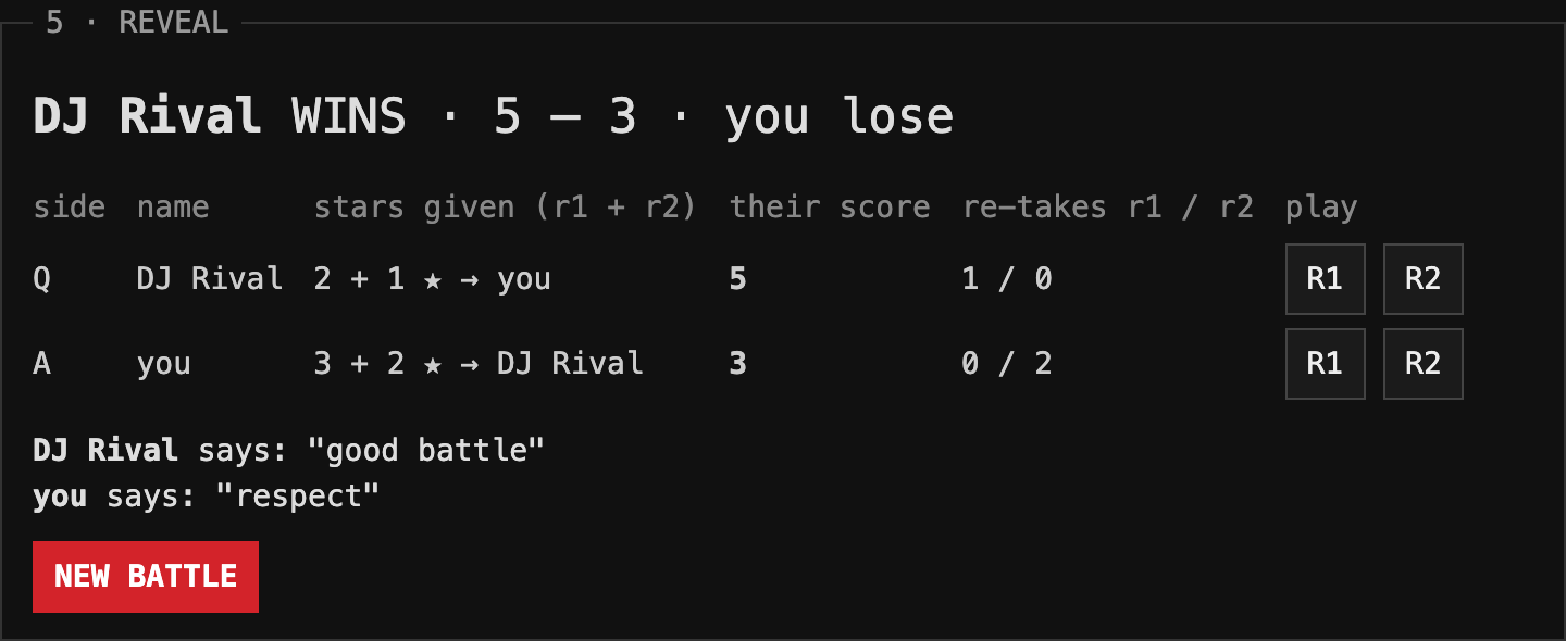 Reveal: DJ Rival WINS 5 to 3, you lose; table of stars given, scores and re-takes for each side; replay buttons; NEW BATTLE