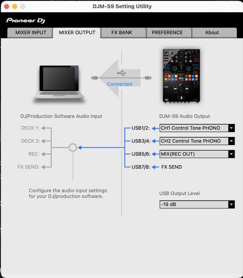 DJM-S9 Setting Utility in Serato mode: USB1/2 CH1 Control Tone PHONO, USB3/4 CH2 Control Tone PHONO, USB5/6 MIX REC OUT, USB7/8 FX SEND