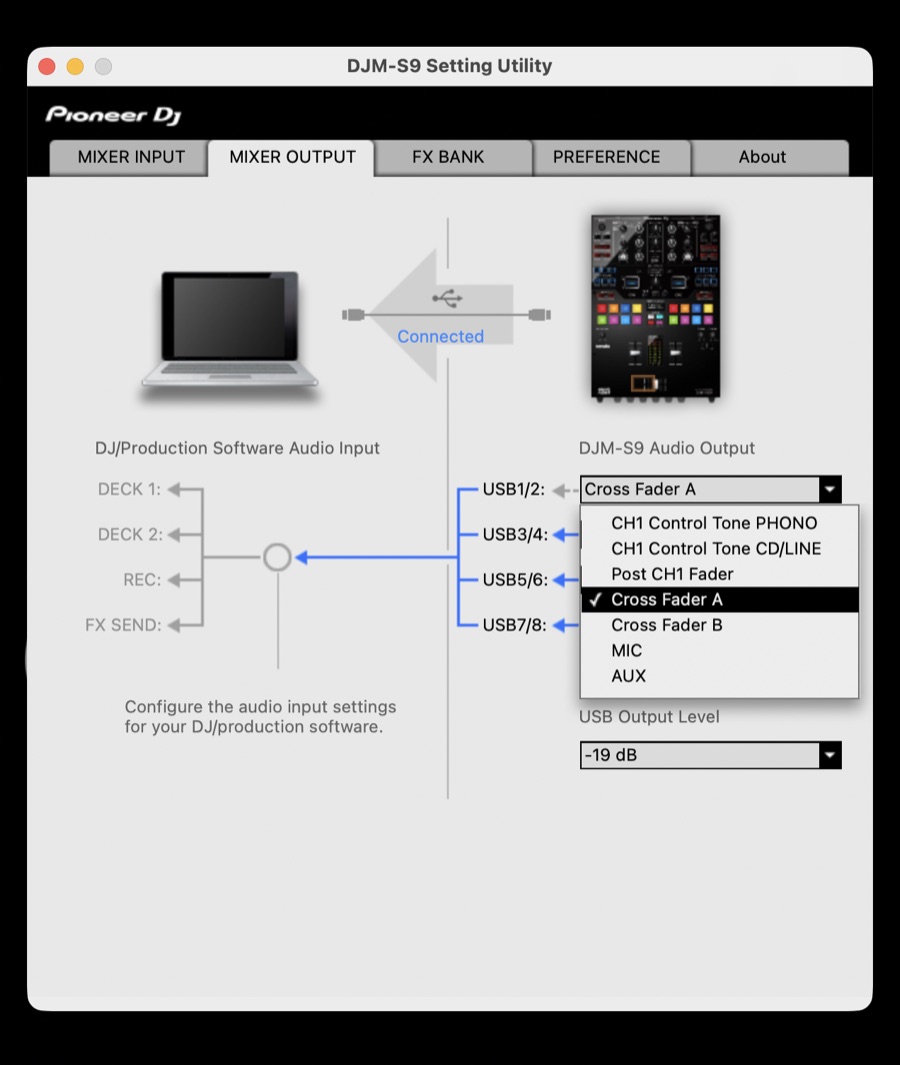 DJM-S9 Setting Utility, MIXER OUTPUT tab: USB1/2 set to Cross Fader A, USB Output Level -19 dB