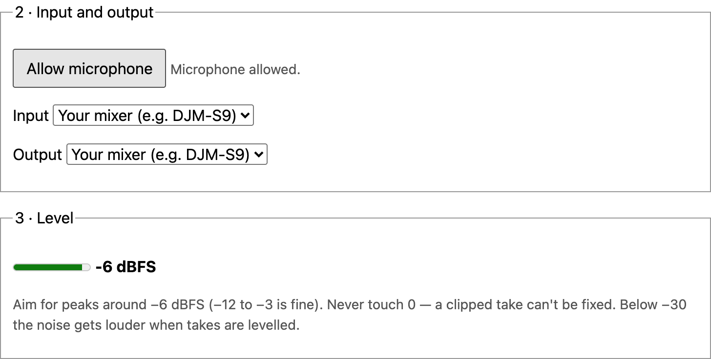 Device setup page: Allow microphone button, Input and Output set to your mixer, level meter at −6 dBFS